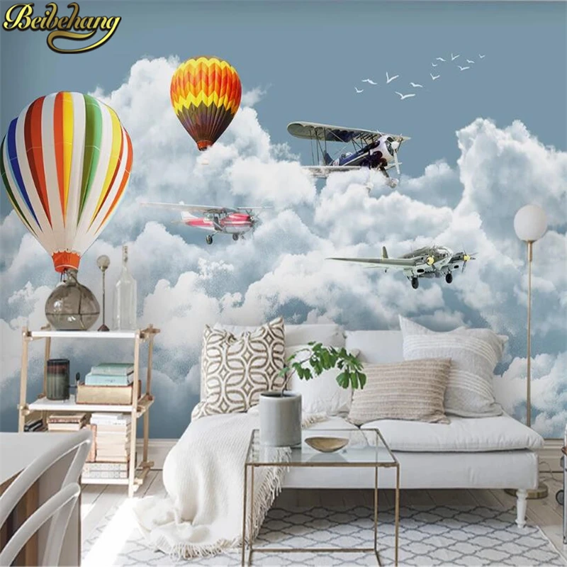 

beibehang Custom wallpaper mural Nordic minimalist hand-painted cartoon airplane balloon children room background wall paper