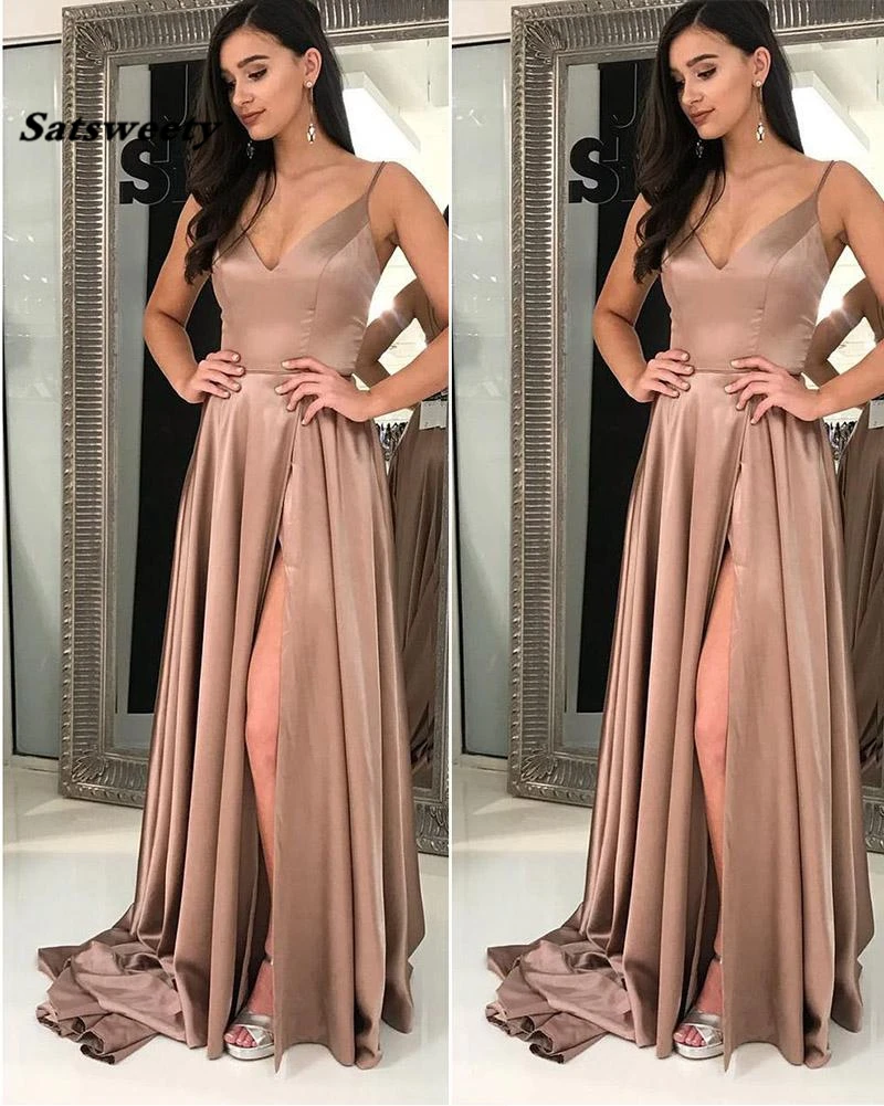 

Robe De Soiree Evening Dress Long Satin V-Neck Prom Gowns Spaghetti Straps High Side Slit Vestido De Festa Longo