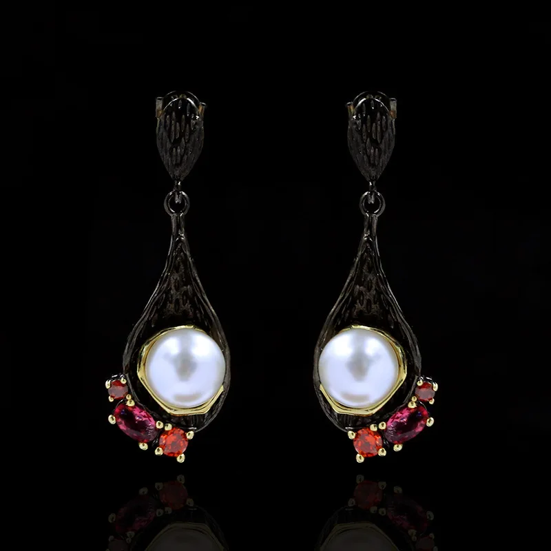 925 silver Luxury Retro Diamond-studded Pearl Earrings Wild Hollow Water Drop Black Gold Jewelry Attending Cocktail Party Ladies