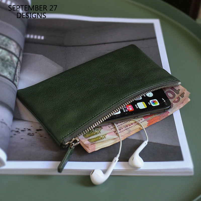 

Luxury Zipper Cell Phone Wallet Male Cowhide Leather Handmade Women Vintage Clutch Bag Casual Long Travel Passport Purses