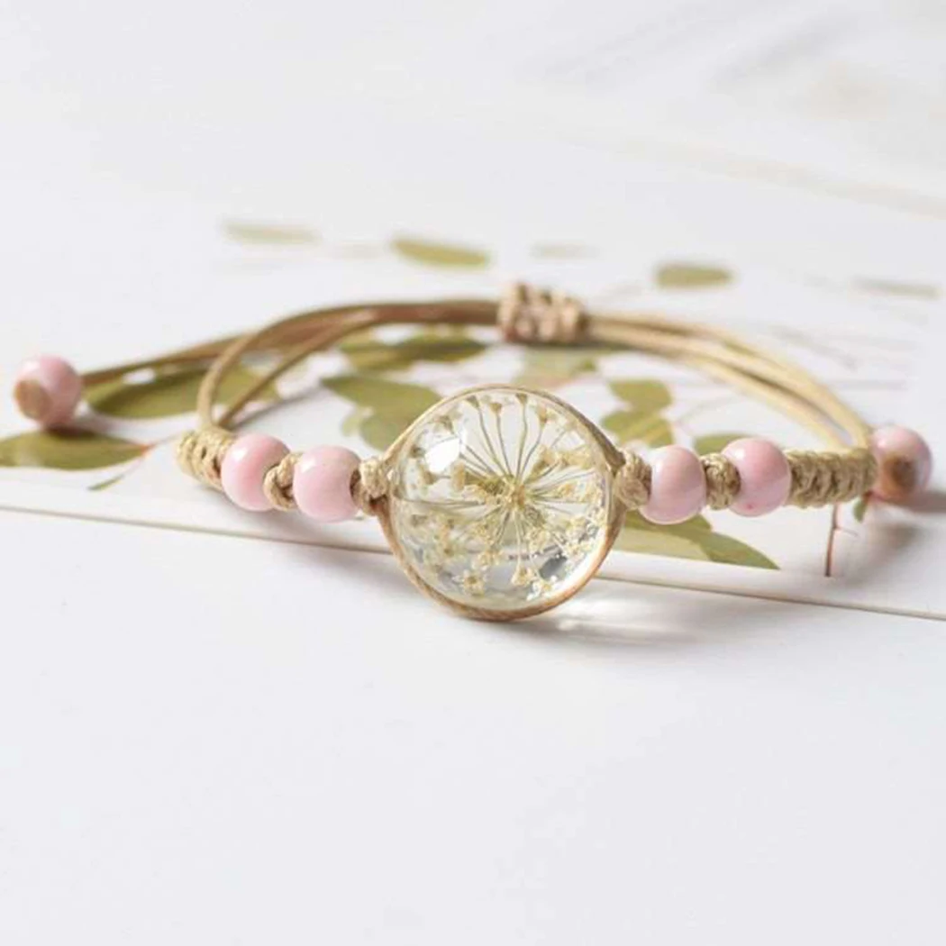 Dried Flower Transparent Women Pressed Flower Bracelet Adjustable Dried Gypsophila Bracelet Charm Bracelet Jewelry