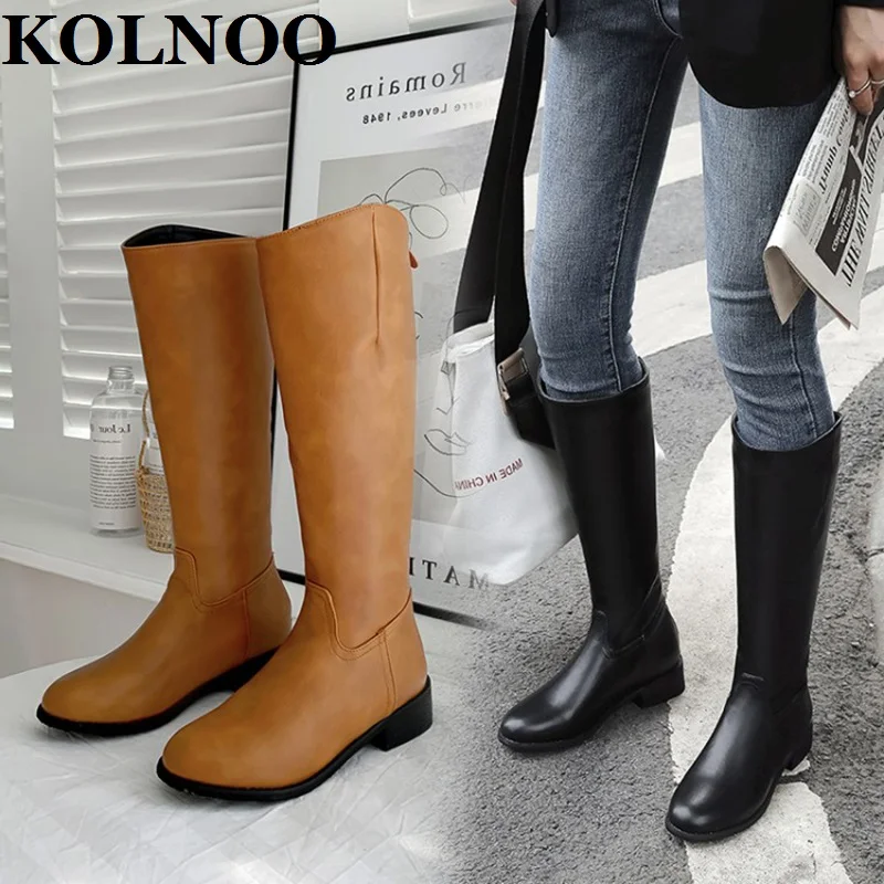 KOLNOO Handmade New Ladies Block Heel Boots Eurolish Style Two Color Mid-Calf Boots Large Size 34-50 Winter Fashion Party Shoes