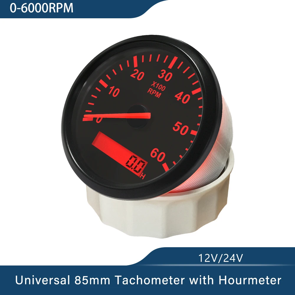 Waterproof Tachometer 3-8K RPM Tacho Gauge REV Counter with Hour Meter 85mm Gasoline Diesel Engine 12V 24V Red Backlight