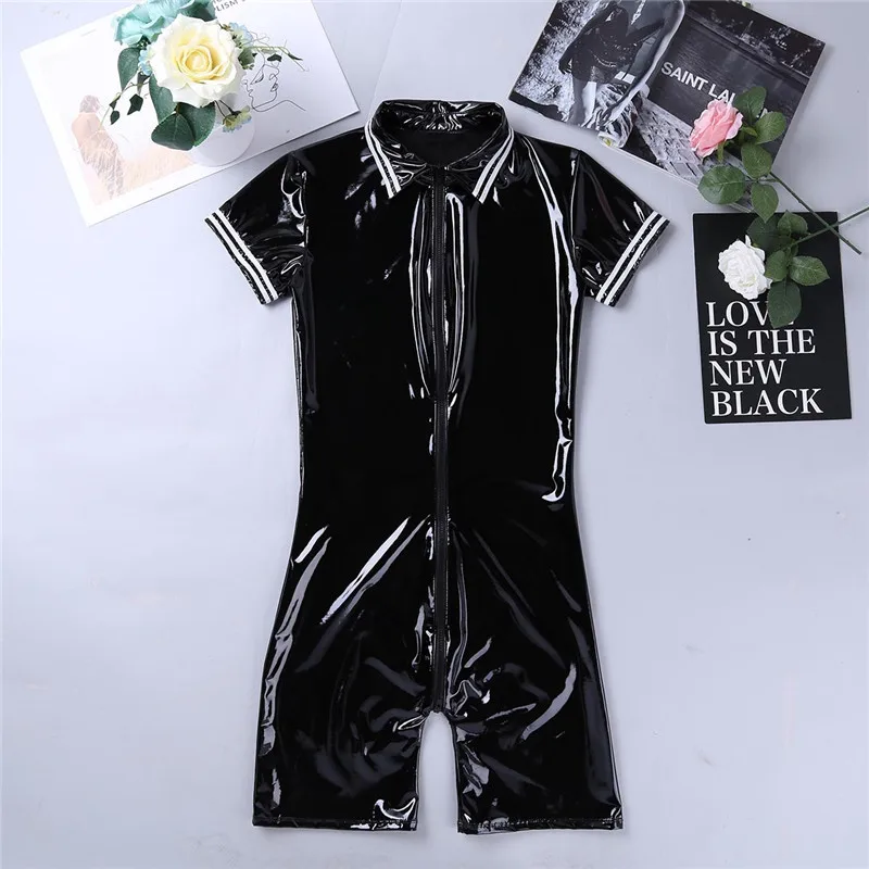 

Mens Wet Look Patent Leather Nightclub Wear Short Sleeve Front Zipper Boxer Briefs Leotard Bodysuit Lingerie Male Night Jumpsuit