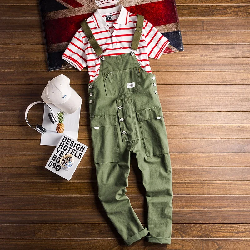 Fashion Men Jumpsuit Bib Pants Solid Color Joggers Pockets Streetwear Loose Cotton Straps Suspender Men\'s Cargo Overalls Rompers