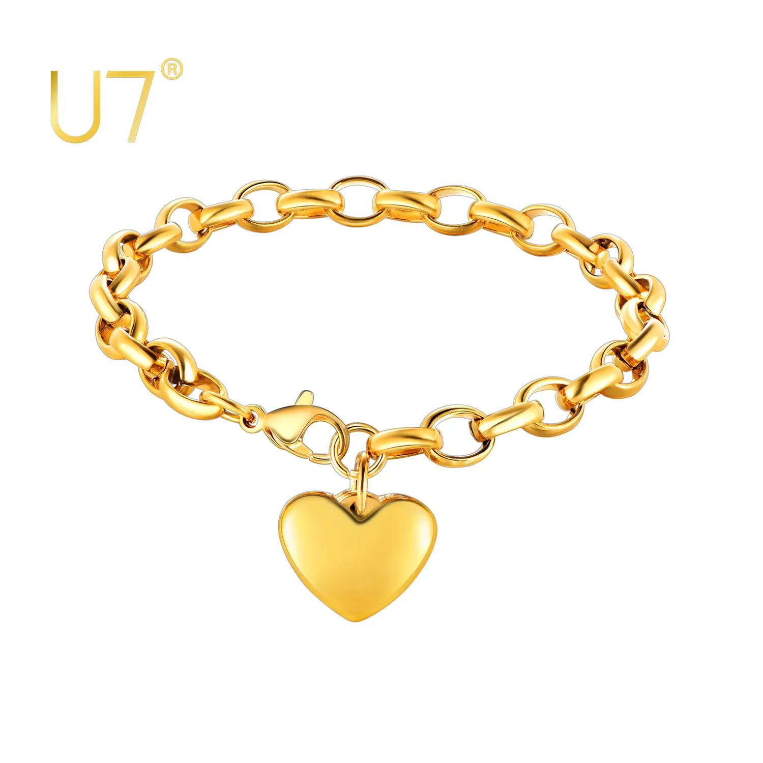 U7 Heart Charm Bracelet Stainless Steel Adjustable Cable Link Chain Bracelets Mother Daughter Jewelry Gift