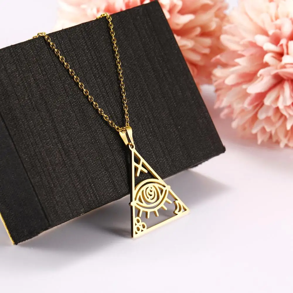 Skyrim Gold Color Pyramid Egyptian Evil Eye Pendant Necklace Stainless Steel Adjustable Amulet Chain Necklaces Jewelry for Women