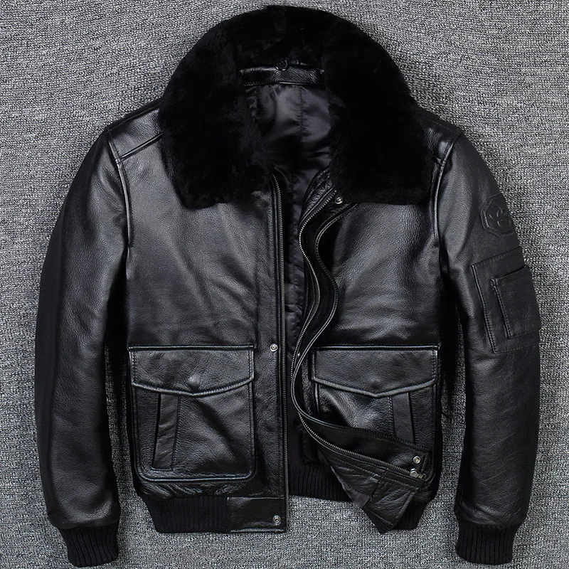 2020 Black Men USAF Pilot Jacket Wool Collar Plus Size 3XL Genuine Cowhide Winter Russian A2 Leather Coat FREE SHIPPING