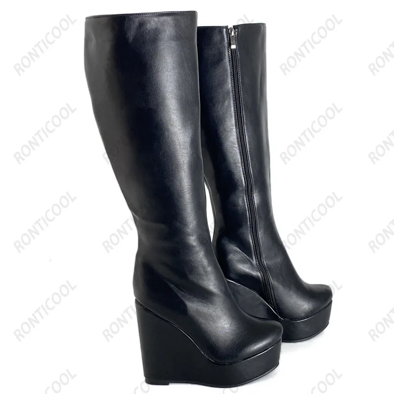 Ronticool New Women Winter Knee Boots Unisex Faux Leather Wedges Heel Round Toe Classic Black Cosplay Shoes Plus US Size 5-20