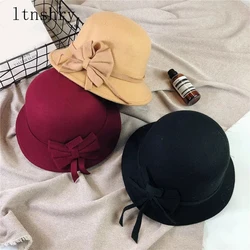 2019 New Elegant Flower Women Round Bowler Cap Imitation Wool Bowknot Fedoras Bucket Hat Vintage Brim Chapeu Feminino Gorra