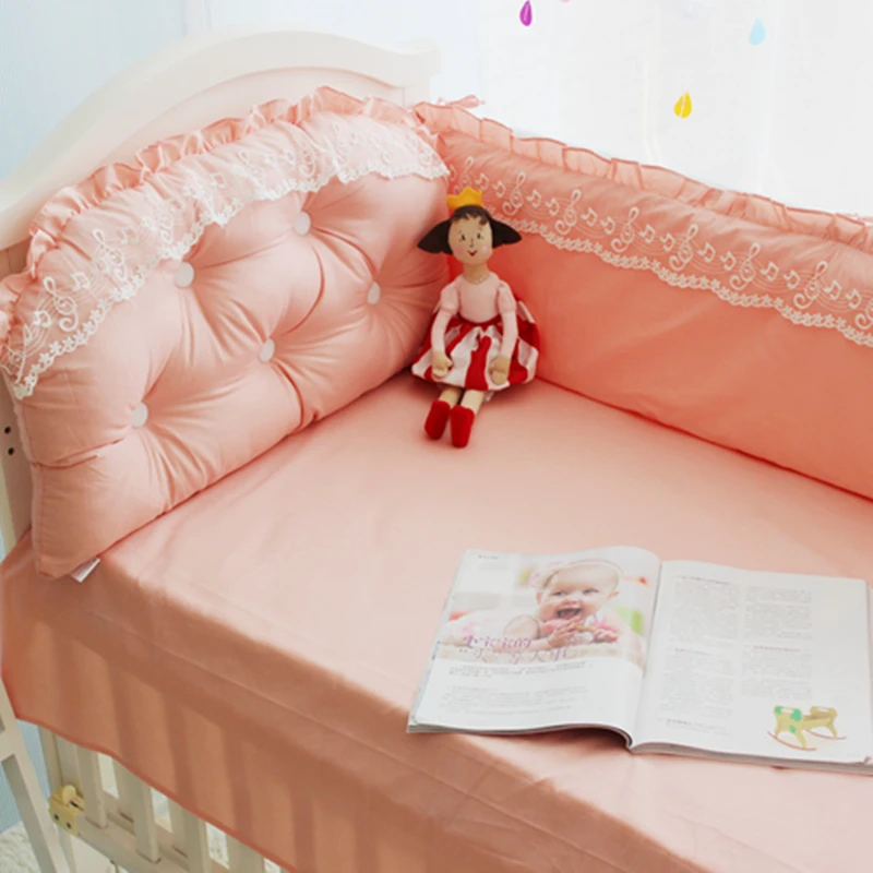 5pcs Set Pink Princess Baby Cot Bumpers Solid Color Cotton Lace White Grey Baby Crib Bedding Universal Kids Room Decor