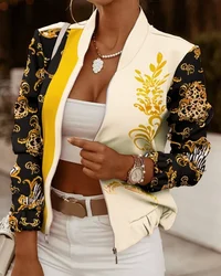 Chaqueta con Cremallera para Mujer, Abrigo Fino Estampado de Manga Larga, Estilo Vintage, Prenda de Vestir Informal, Top de Calle, Chaqueta de Traje Corta para Primavera y Otoño