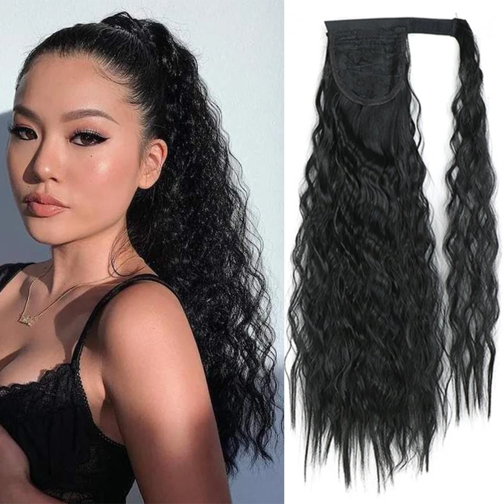 

Long Corn Wavy Ponytail Synthetic Hairpiece Wrap on Clip Hair Extensions Ombre Brown Pony Tail Blonde Fack Hair