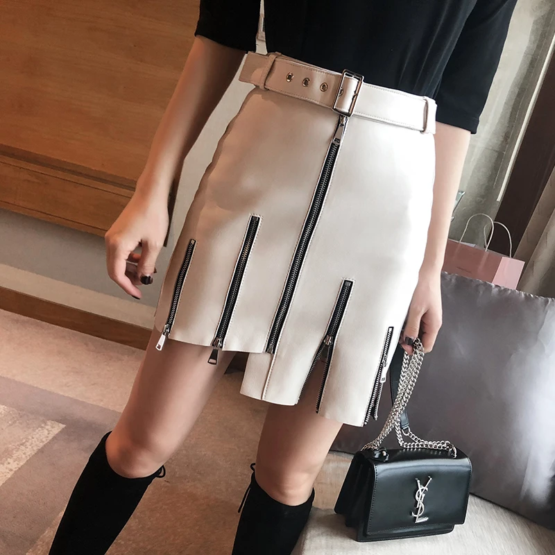 

Novelty Wome Punk Mini Skirt Winter Girls Above Knee Genuine Leather Belt Short Saia Mujer Solid White Zippers Decorate Faldas