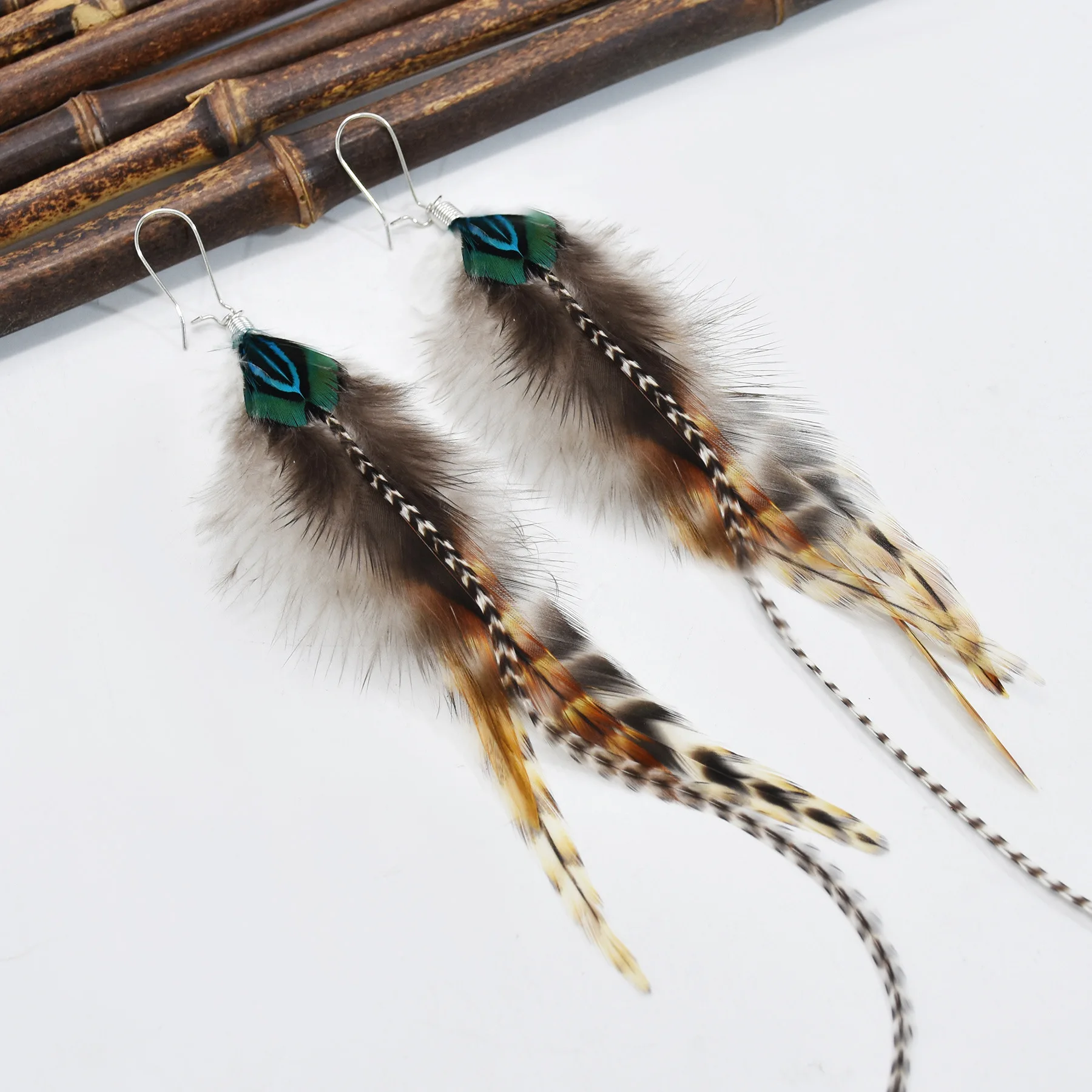 Bohemian Ethnic Style Zebra Pattern Pure Natural Feather Long Earrings Fashion Geometric Feather Tassel Earrings Jewelry