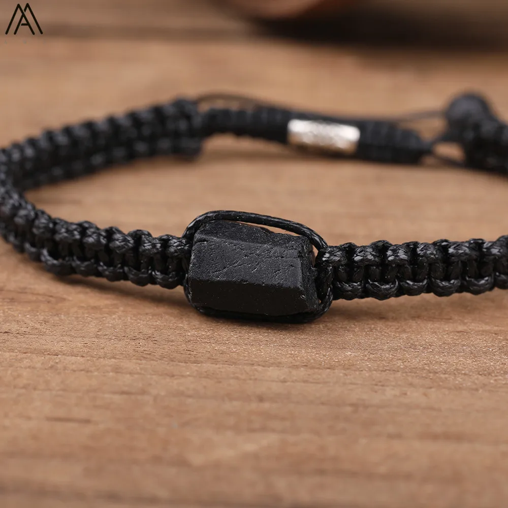 Natural Black Tourmaline Single Beads Woven Adjustable Bracelet Boho Women 6mm Black Lava Stone Beads Mala Bracelet N0383AMC image 6
