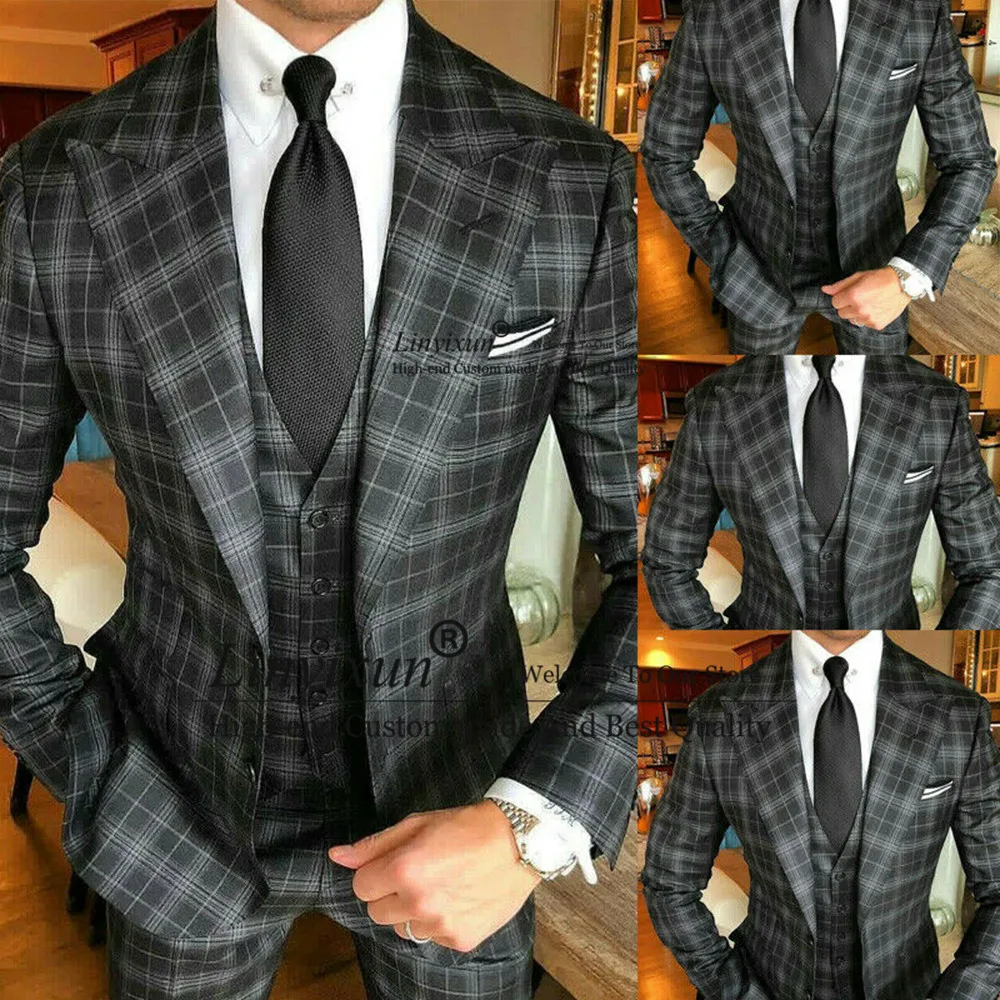 Plaid Men Suits Wedding Grid Party Peak bavero smoking cappotto largo pantaloni gilet panni Set Custom Made Somking Blazer costume homme