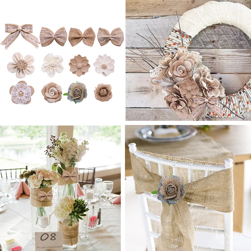 5pcs Burlap Flower Natural Rustic Flower Bowknot with Faux Pearls for Vintage Wedding Decoration Chair Curtain DIY Craft