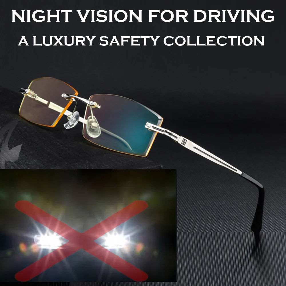 Classic Rimless Gold Frame Night Vision Glasses For Driving Anti-blu Light Anti-glare Day and Night Driving Glasses