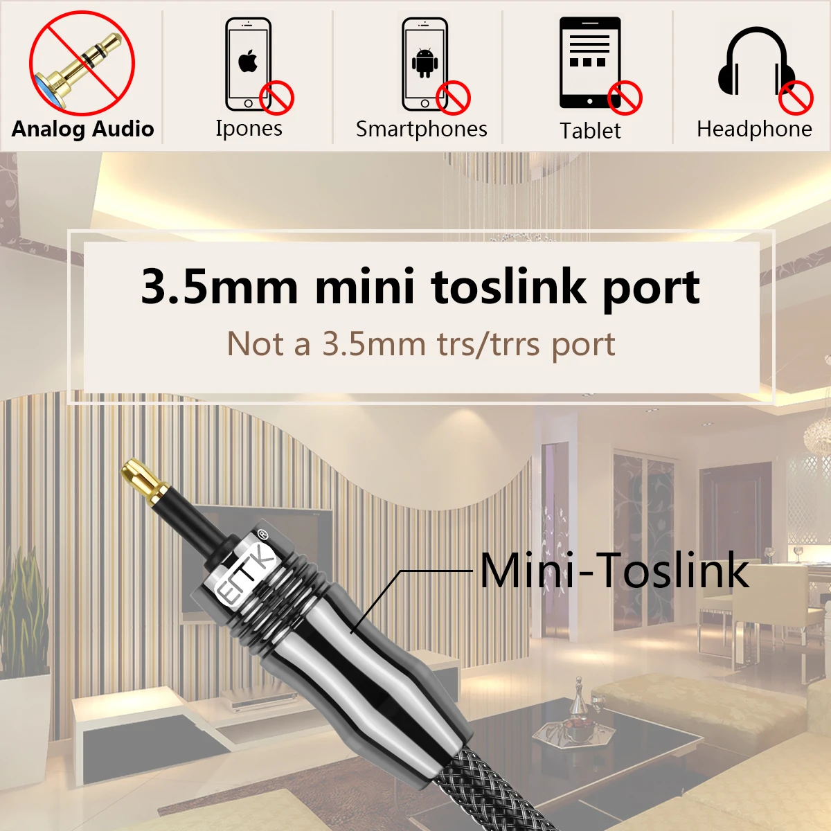 EMK 3.5mm Optical Cable Digital Toslink to Mini Toslink Cable 3.5mm Adopts 24K Gold Plated Connector Optical Audio Cable Adapter