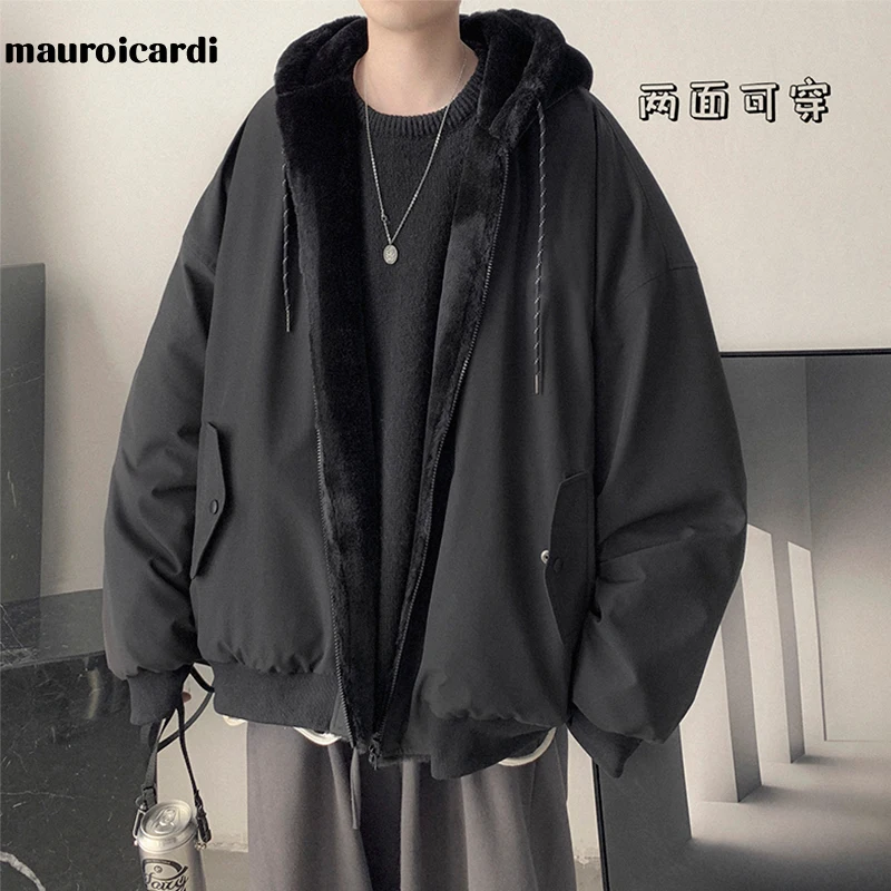 Mauroicardi Winter Oversized Black Warm Thick Parka with Fur Inside Hood Long Sleeve Korean Fashion Men 2021 Reversible Fur Coat