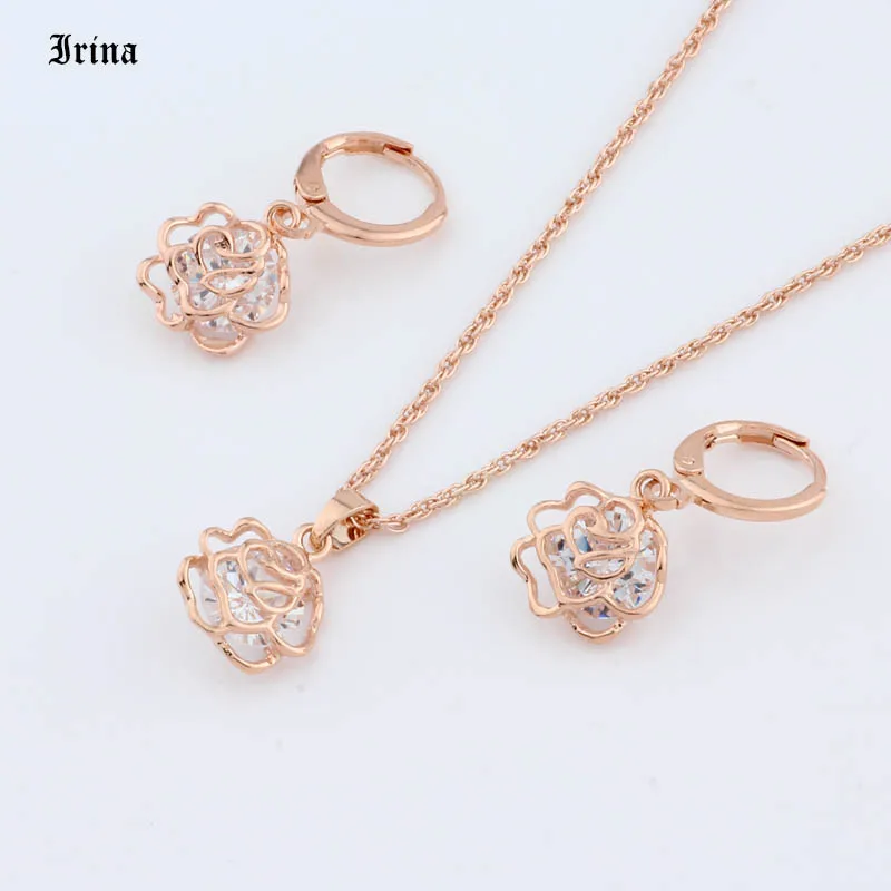 Irina Fashion Design Jewelry Sets Cubic Zircon Hypoallergenic Rose Gold Color Necklace/ Earrings Wedding Jewelry Sets for Women