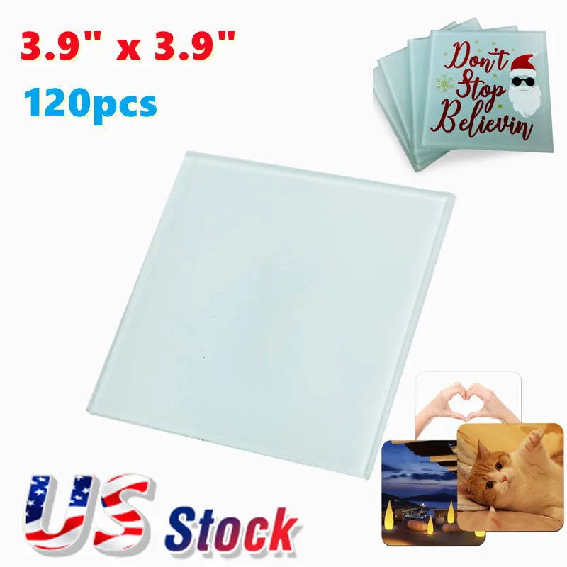 

US Stock 120pcs/pack 3.9" x 3.9" Square Heat transfer Sublimation Blank Glass Coaster Photo Frame Coffee Mat DIY