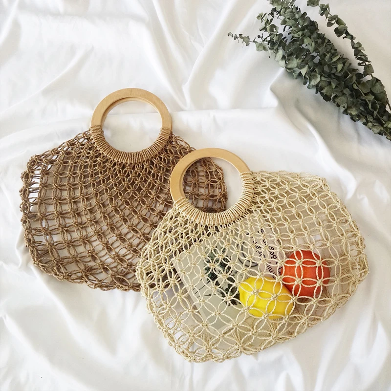 Women Handbag Summer Handmade Beach Mesh Bag Bohemia Straw Bags Wooden Round Handle Knitting Net Bag Hollow Woven Vacation Tote