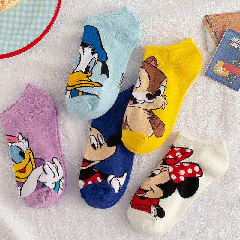 1 par de calcetines náuticos para mujer, bonitos calcetines de algodón de Mickey con dibujos animados japoneses coreanos de Disney, calcetines de tubo cortos salvajes para primavera y verano