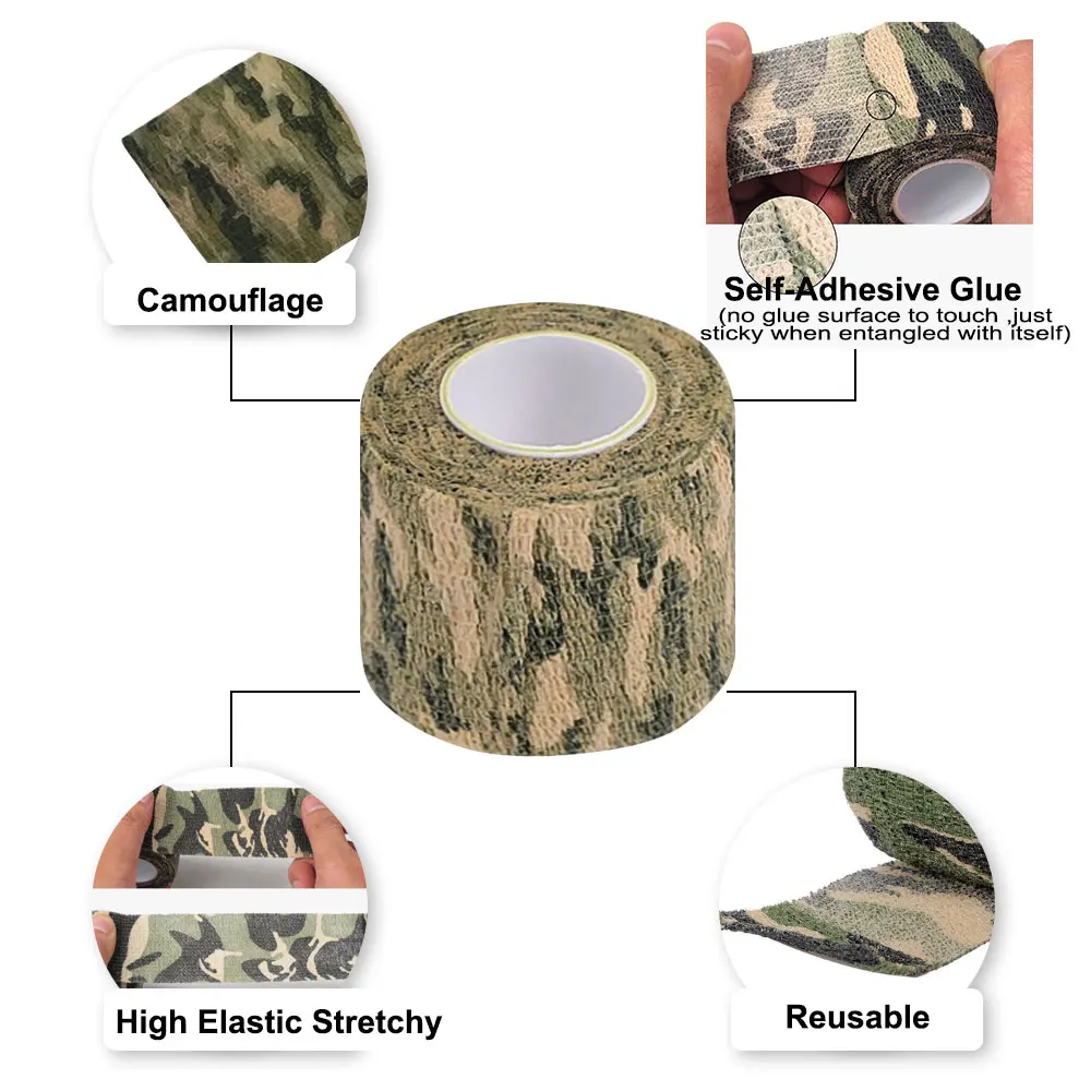 ยุทธวิธี Camo เทป 5 ซม.* 4.5M Self-Adhesive Camouflage เทปการล่าสัตว์กลางแจ้ง Stealth เทปปไรเฟิลปืนยืดห่อฝาครอบ