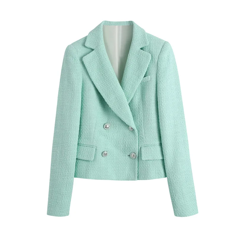 Mint Green Blazer Jacket Women 2021 New Spring Double Breasted Fashion High Quality Short Suit Jacket Ladies Casual Blazers Coat