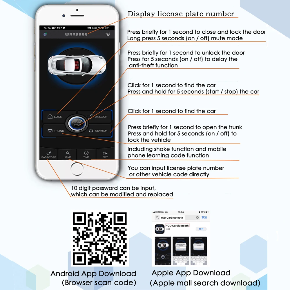 Controllo APP sistema di accesso senza chiave di avvio e arresto automatico, sistema di allarme di avviamento del motore, ricambi auto con avvio a