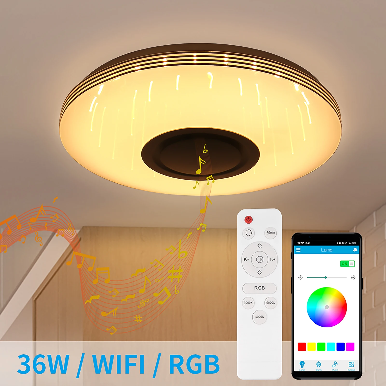 Lamps Music Light Ceiling Lamp Bedroom Modern Led Smart Bluetooth WiFi RGB Light 3D Music Remote/App Control Round Colorful