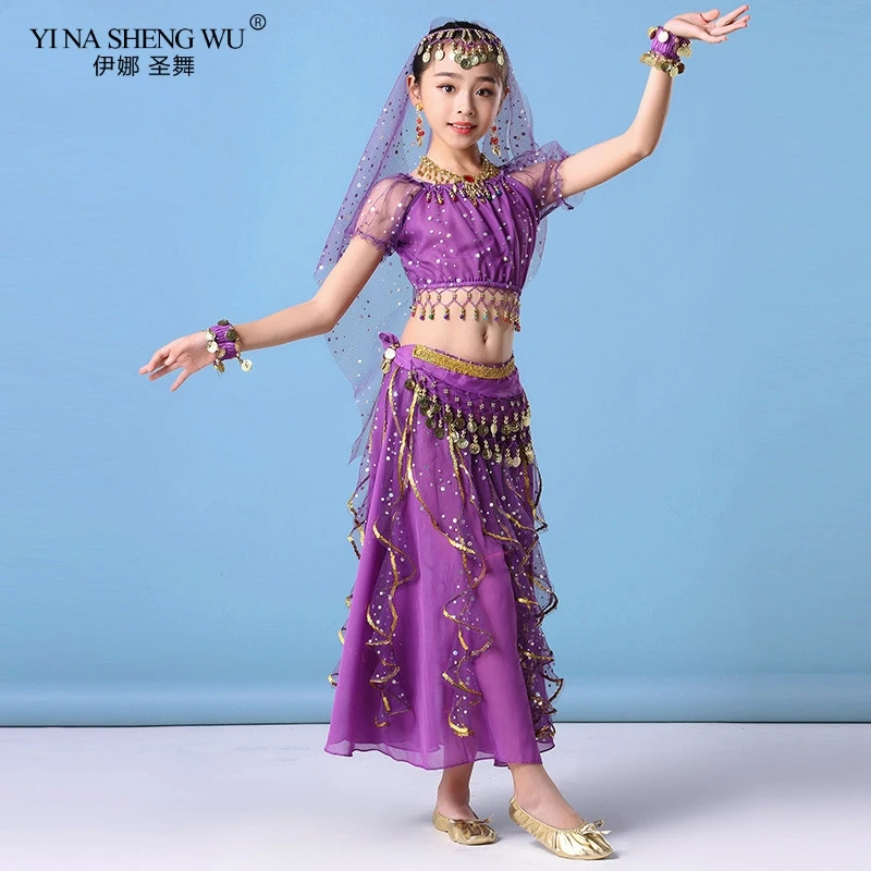 Conjunto de trajes de danza del vientre para niños y niñas, ropa de danza del vientre de la India, traje de Bollywood indio