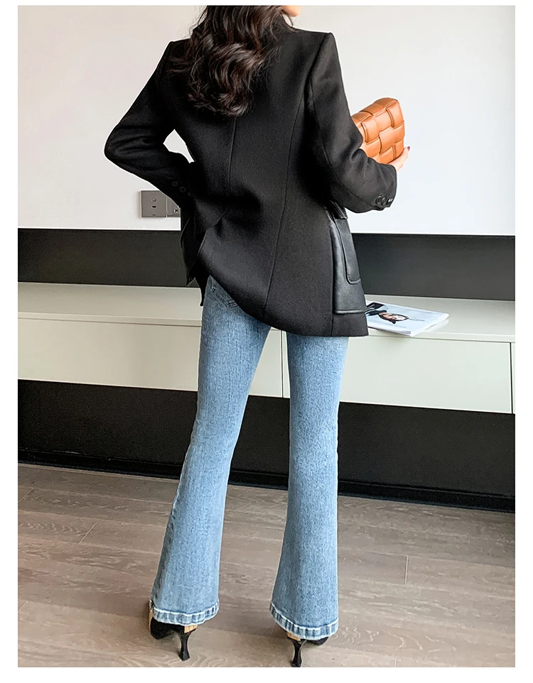 Nerazzurri Autumn Black Wool Blends Patchwork Leather Jacket Women with Many Pockets Long Sleeve Korean Fashion Streetwear 2022