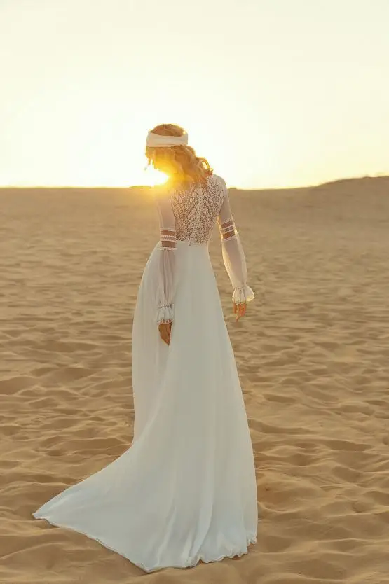 LSYX abito da sposa bohémien Vintage manica lunga in Chiffon lunghezza del pavimento in pizzo a pieghe splendido per le donne spiaggia semplice spiaggia a buon mercato