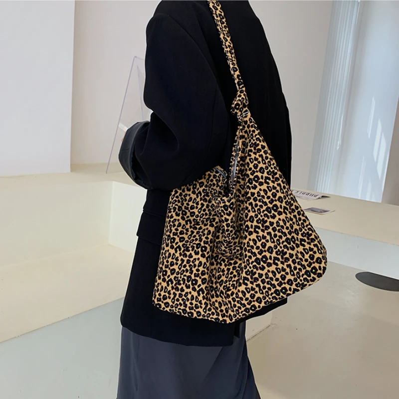 New Summer Canvas Shoulder Shopping Bags Women Leopard Underarm Handbags Large Capacity Korean Chic OL  Street Fashion