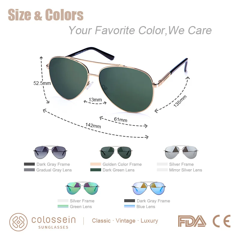 COLOSSEIN Polarized Men Sunglasses Women Vintage Classic Pilot Sun Glasses Retro Metal Frame Eyewear Brand Desiger Oculos De Sol