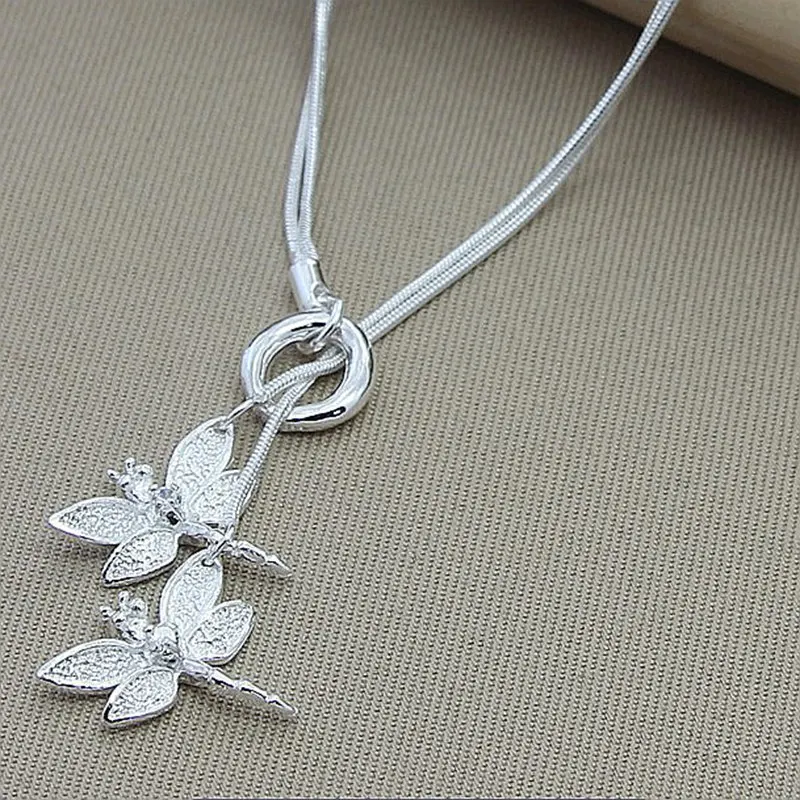 925 Sterling Silver Two Dragonfly Pendant Necklace For Women Snake Chain Necklace Wedding Engagement Jewelry