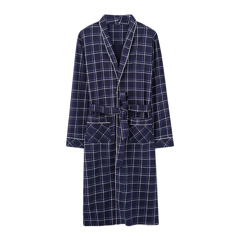 Spring Autumn Plaid Bathrobe Men Sleep Top Kimono Robes for Male Full Pure Cotton Long Bath Robe Bride Robe Dressing Gown M-4Xl