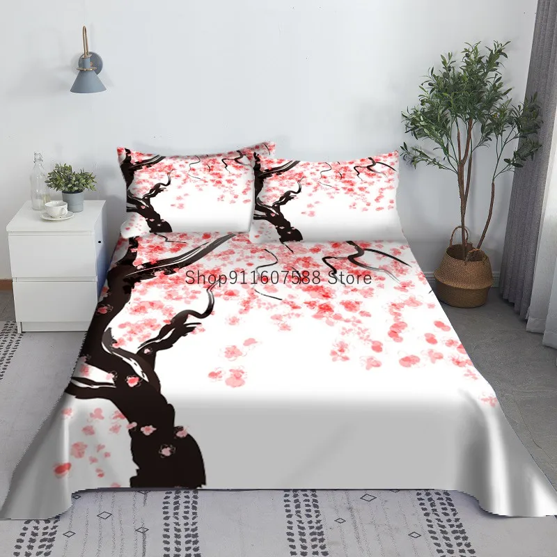 Pink Flowers Bed Sheet Set 3D Printed Tree Bed Flat Sheet With Pillowcases For Adults Kids Bedding Queen King Size Dropshipping