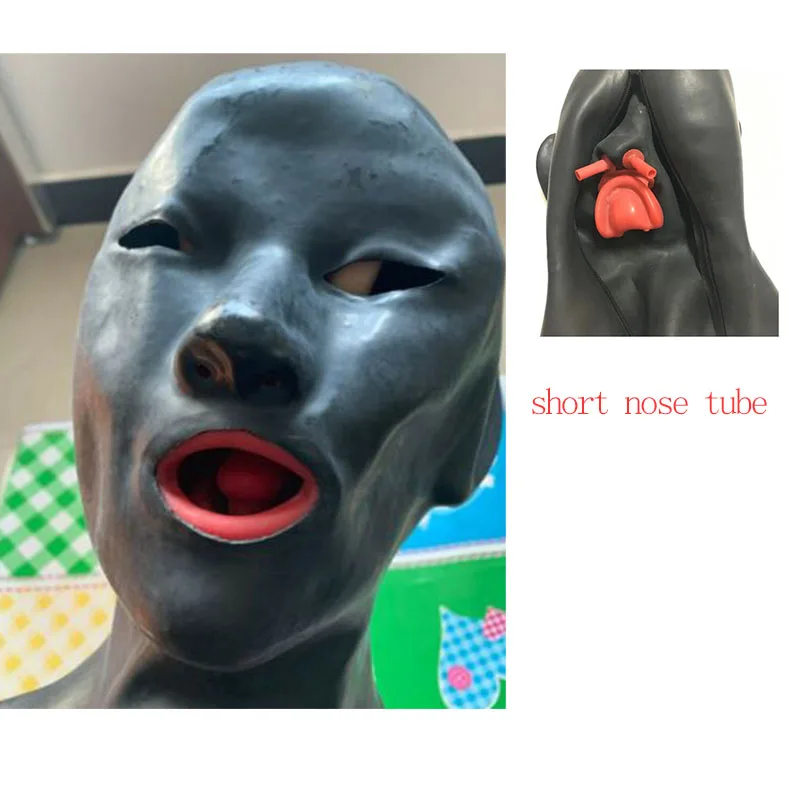 0.6mm Mould Full Head Latex Mask Fetish Open Closed Eye Rubber Hood with Red Mouth Teeth Lip Sheath Tongue Nose Tube 54-57cm