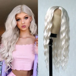 Platinum Blonde Synthetic Lace Wigs 24 Inches Long Body Wave Synthetic Wig  White Wavy Lace Wigs for Women