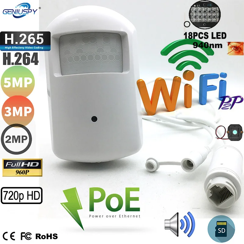 

Wifi POE 5MP IMX335 2mp imx307 Pir Housing Indoor Mini IP Camera Wireless TF Card Security Invisible 940nm IR Built-in MIC Camhi