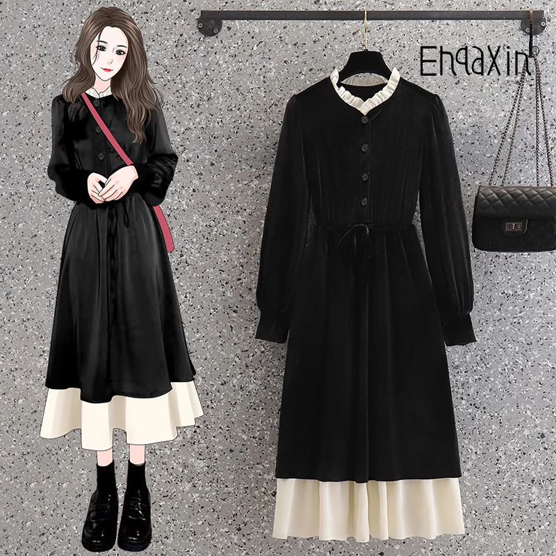 

EHQAXIN Spring Womens Dress Casual Ruffled Stand Collar Lace-Up Stitching Hepburn Style Little Black Dresses M-4XL