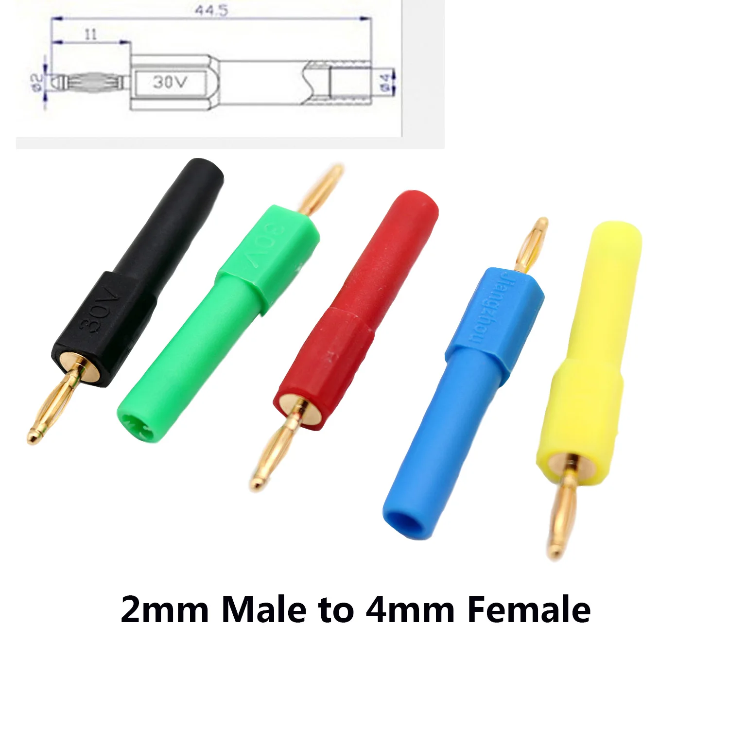 100pcs Safety 30V Banana Gold 2mm Plug Male to 4mm Banana Jack Female Test Probe Adapter 5 Colors