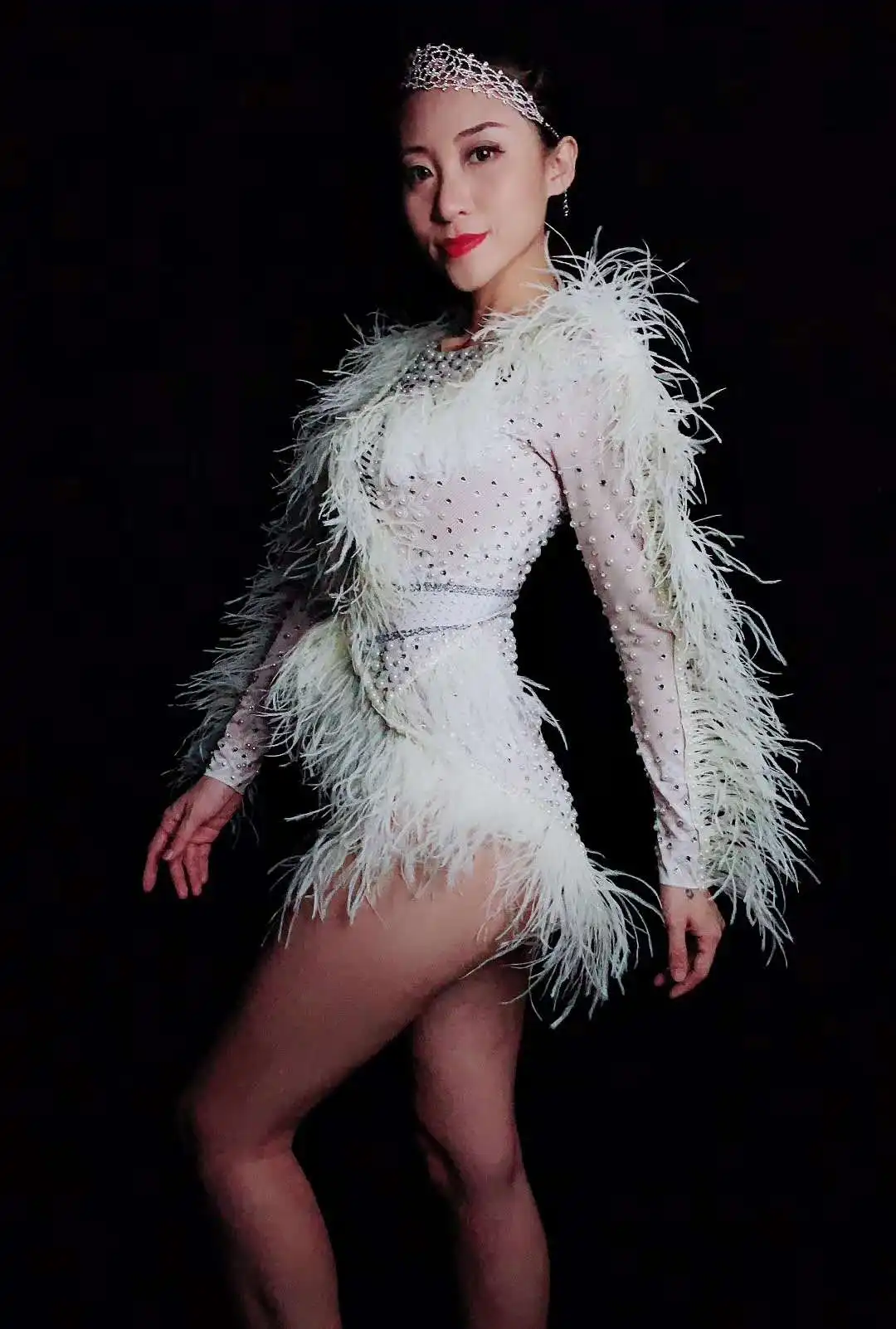 White Feather Pearls bodysuit stage show wear full diamonds jumpsuit stage show Rhinestone leotard party dress