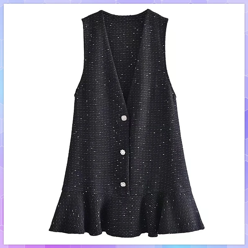 Imagem -02 - Vestido Feminino Vintage Decote em v Diamante Botões Tweed Mini Colete Vestidos Senhora Chique sem Mangas Bainha Babados Vestidos Casuais Mujer