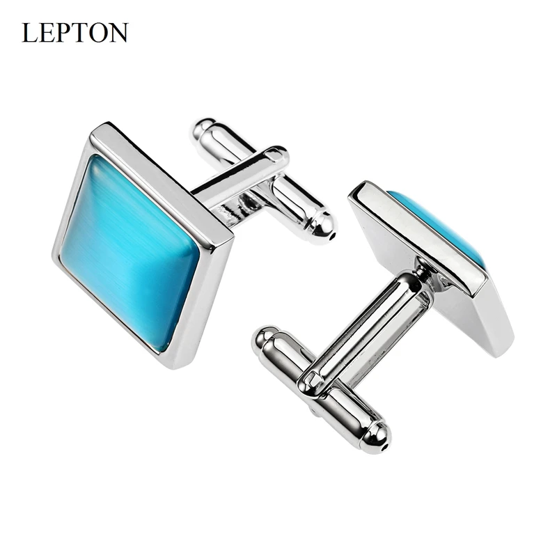 LEPTON Sky Blue Cat Eye Stone Cufflinks for Mens Shirt Cuffs Cufflink Square Fashion Women Cuff Links Relojes Gemelos Best Gift