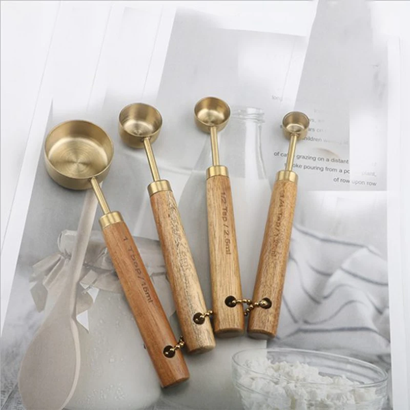 ABZS Measuring Spoons Set Wood Handle Stainless Steel Measuring Scoop Baking Tool Kit Kitchen Accessories